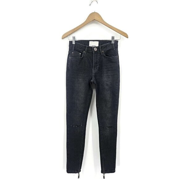 NWT One Teaspoon High Waist Freebirds Jeans Womens 22 Worn Raven Black Zip Ankle - Picture 2 of 7